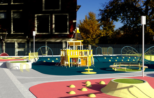 a children's play area with a yellow play structure