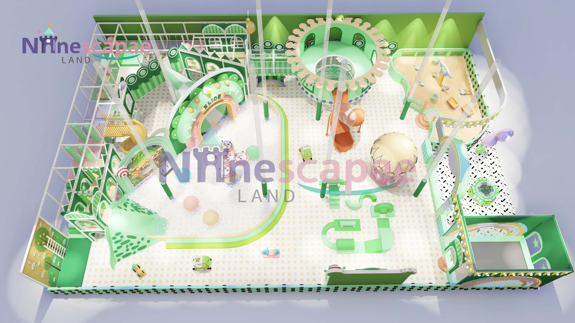 the top view of green theme commercial indoor playground, if you like these, please feel free to contact us, we will reply your message in 24 hours.