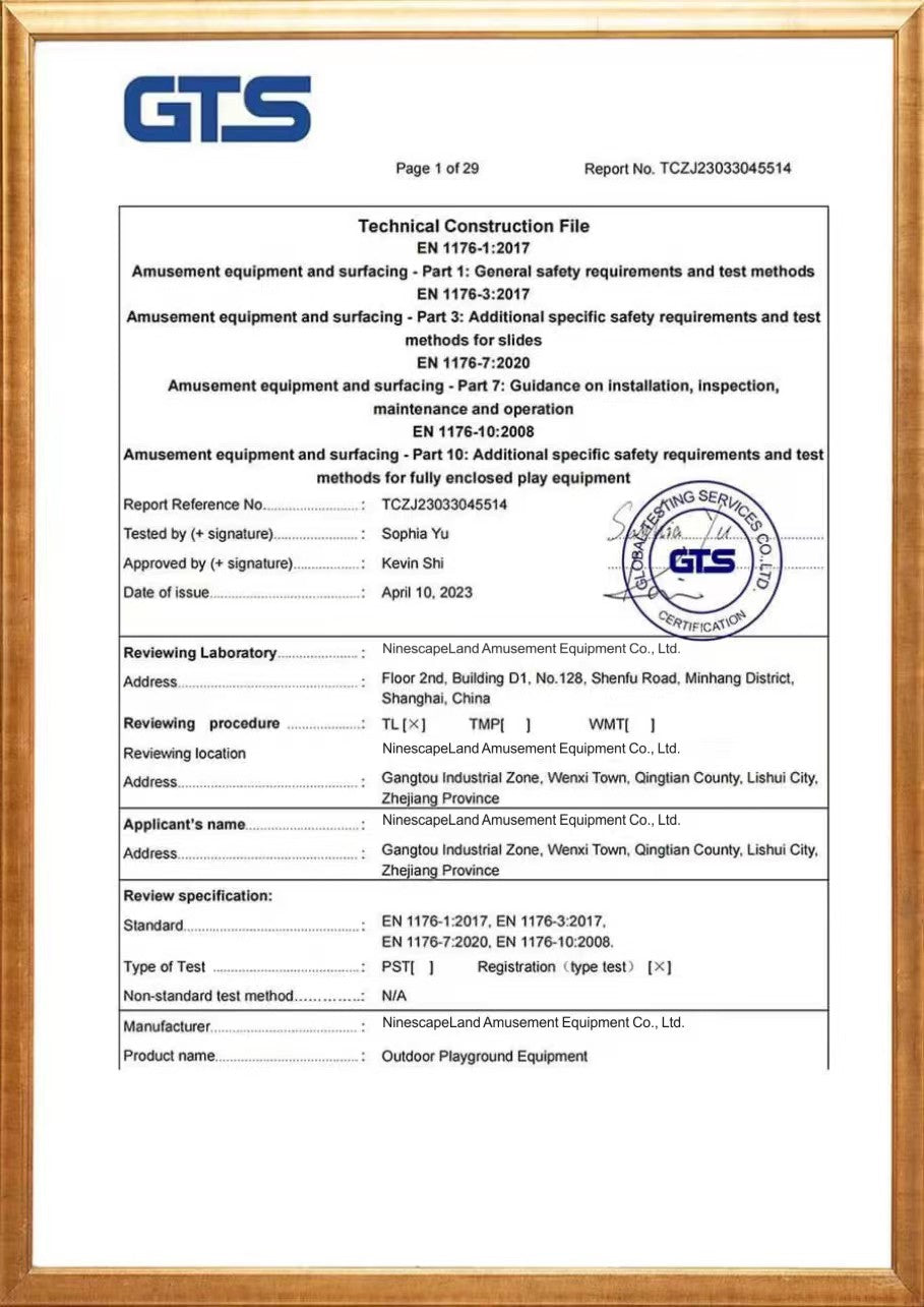 GTS certificates for NinescapeLand Indoor Playground Equipments