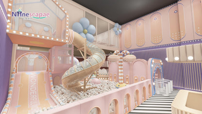 Customizable indoor playground with slide, ball pit, and chain bridge